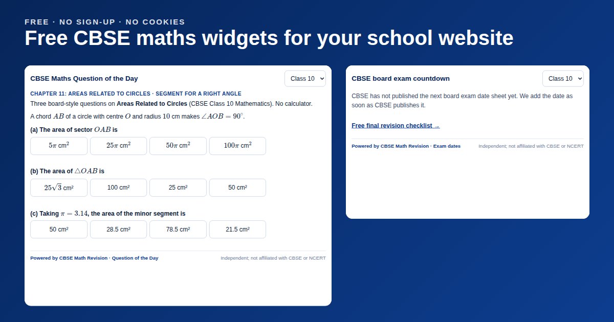 Free CBSE maths widgets on a school web page: the CBSE Maths Question of the Day and a board exam countdown, each with a credit link