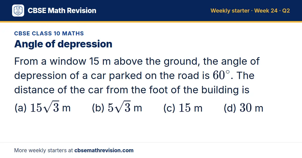 CBSE Class 10 Maths starter question on Angle of depression: From a window 15 m above the ground, the angle of depression of a car parked on the road is 60^∘. The distance of the car from the foot of the building is (a) 15√3 m (b) 5√3 m (c) 15 m…