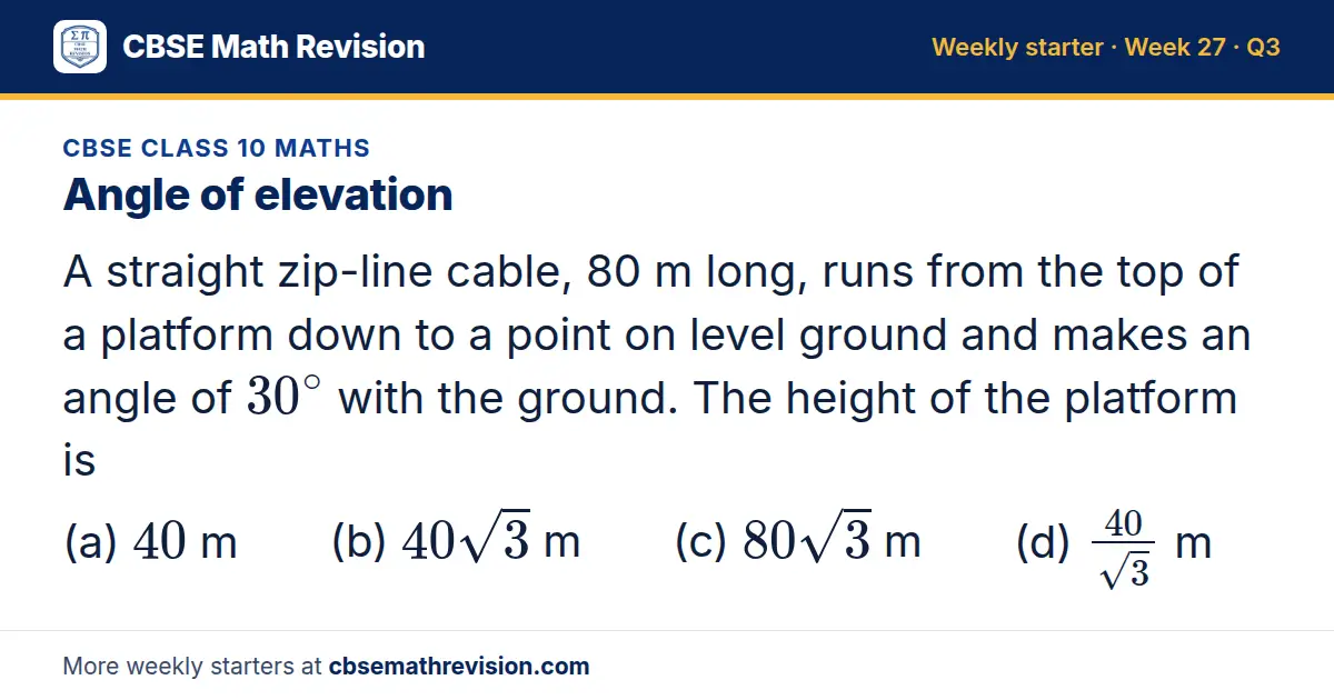 CBSE Class 10 Maths starter question on Angle of elevation: A straight zip-line cable, 80 m long, runs from the top of a platform down to a point on level ground and makes an angle of 30^∘ with the ground. The height of the platform is (a) 40 m (b)…