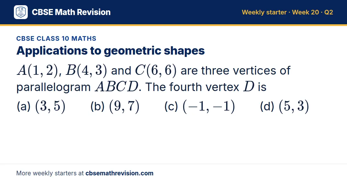 CBSE Class 10 Maths starter question on Applications to geometric shapes: A(1, 2), B(4, 3) and C(6, 6) are three vertices of parallelogram ABCD. The fourth vertex D is (a) (3, 5) (b) (9, 7) (c) (-1, -1) (d) (5, 3)