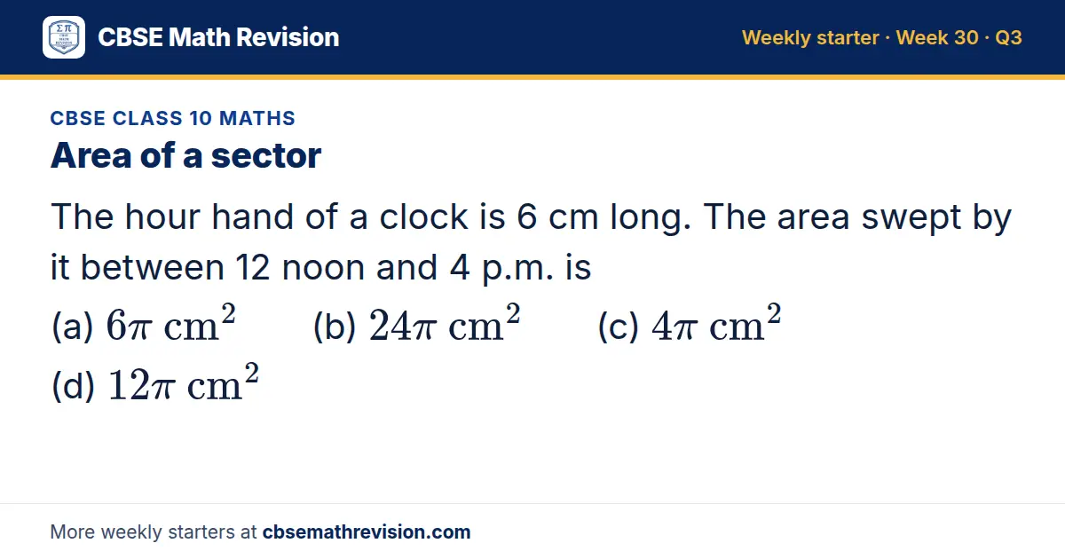 CBSE Class 10 Maths starter question on Area of a sector: The hour hand of a clock is 6 cm long. The area swept by it between 12 noon and 4 p.m. is (a) 6π cm² (b) 24π cm² (c) 4π cm² (d) 12π cm²