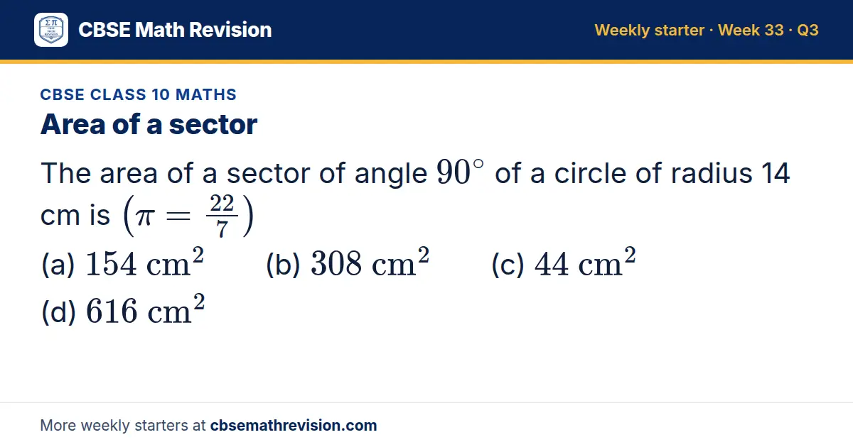 CBSE Class 10 Maths starter question on Area of a sector: The area of a sector of angle 90^∘ of a circle of radius 14 cm is (π=22/7) (a) 154 cm² (b) 308 cm² (c) 44 cm² (d) 616 cm²