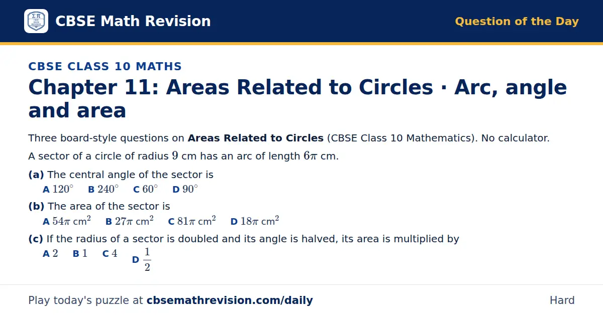 CBSE Class 10 Maths Question of the Day on Areas Related to Circles · Arc, angle and area, a 3-part multiple-choice question: Three board-style questions on Areas Related to Circles (CBSE Class 10 Mathematics). No calculator. A sector of a circle…