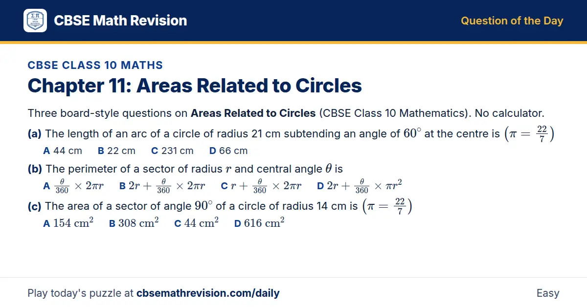 CBSE Class 10 Maths Question of the Day on Areas Related to Circles, a 3-part multiple-choice question: Three board-style questions on Areas Related to Circles (CBSE Class 10 Mathematics). No calculator. (a) The length of an arc of a circle of…