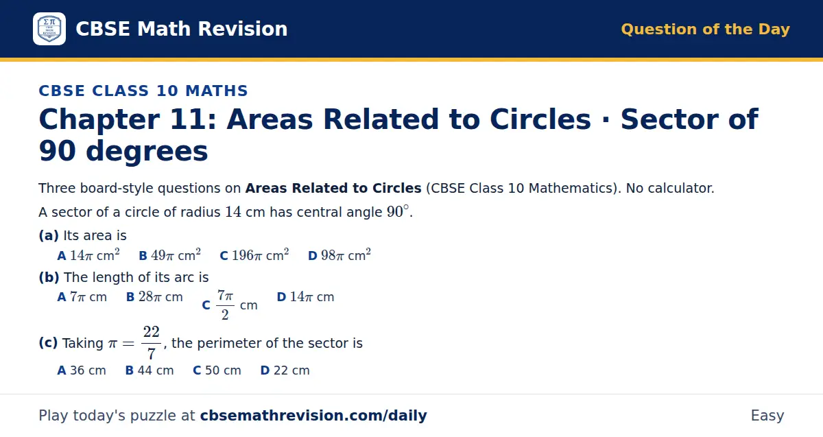 CBSE Class 10 Maths Question of the Day on Areas Related to Circles · Sector of 90 degrees, a 3-part multiple-choice question: Three board-style questions on Areas Related to Circles (CBSE Class 10 Mathematics). No calculator. A sector of a circle…