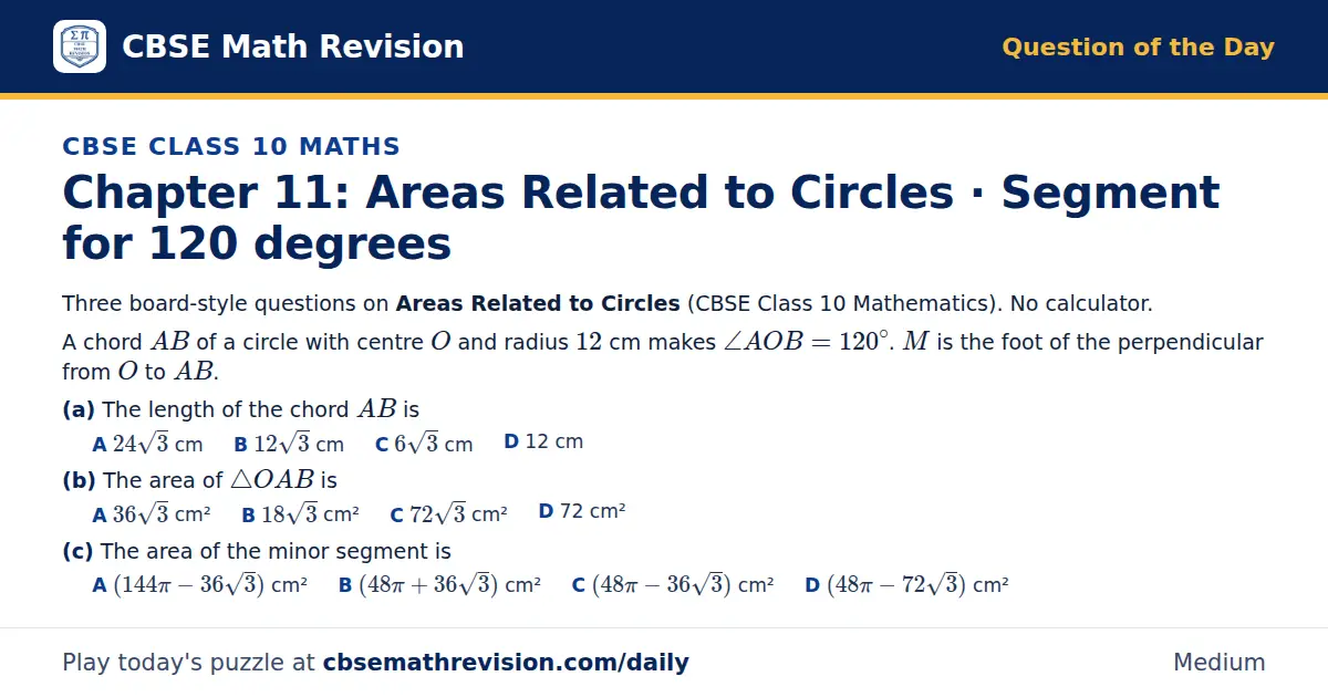 CBSE Class 10 Maths Question of the Day on Areas Related to Circles · Segment for 120 degrees, a 3-part multiple-choice question: Three board-style questions on Areas Related to Circles (CBSE Class 10 Mathematics). No calculator. A chord AB of a…