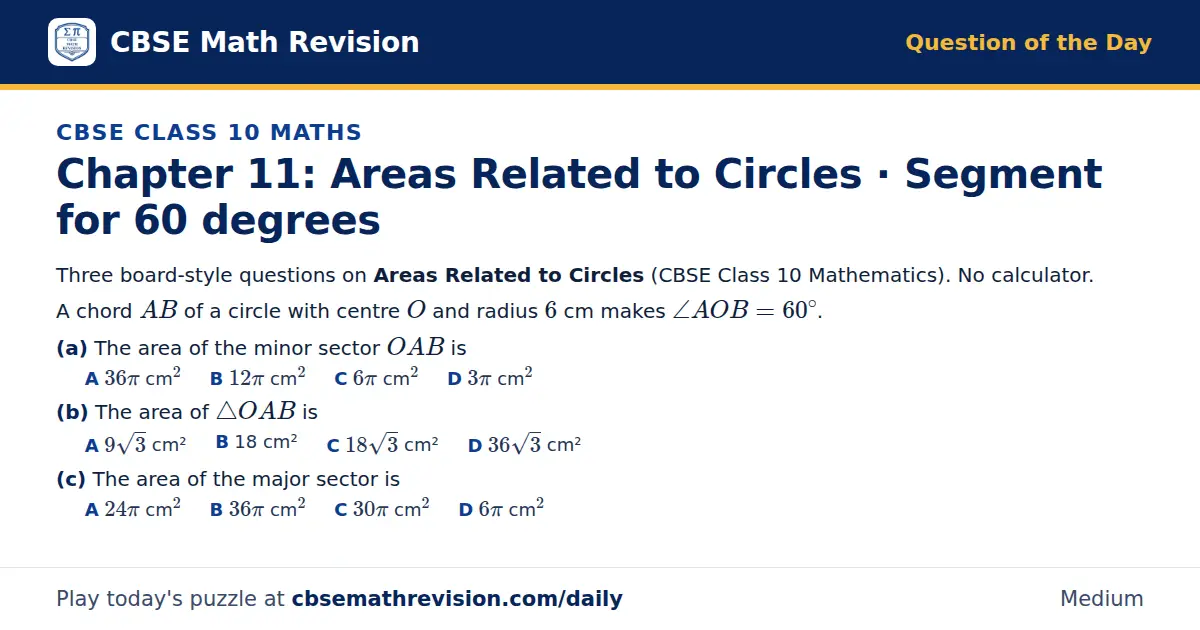 CBSE Class 10 Maths Question of the Day on Areas Related to Circles · Segment for 60 degrees, a 3-part multiple-choice question: Three board-style questions on Areas Related to Circles (CBSE Class 10 Mathematics). No calculator. A chord AB of a…