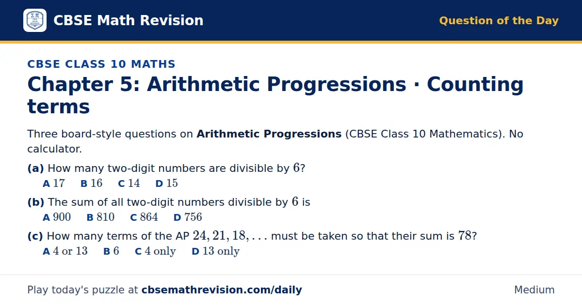 CBSE Class 10 Maths Question of the Day on Arithmetic Progressions · Counting terms, a 3-part multiple-choice question: Three board-style questions on Arithmetic Progressions (CBSE Class 10 Mathematics). No calculator. (a) How many two-digit…
