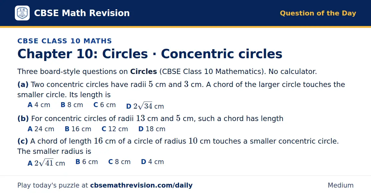 CBSE Class 10 Maths Question of the Day on Circles · Concentric circles, a 3-part multiple-choice question: Three board-style questions on Circles (CBSE Class 10 Mathematics). No calculator. (a) Two concentric circles have radii 5 cm and 3 cm. A…