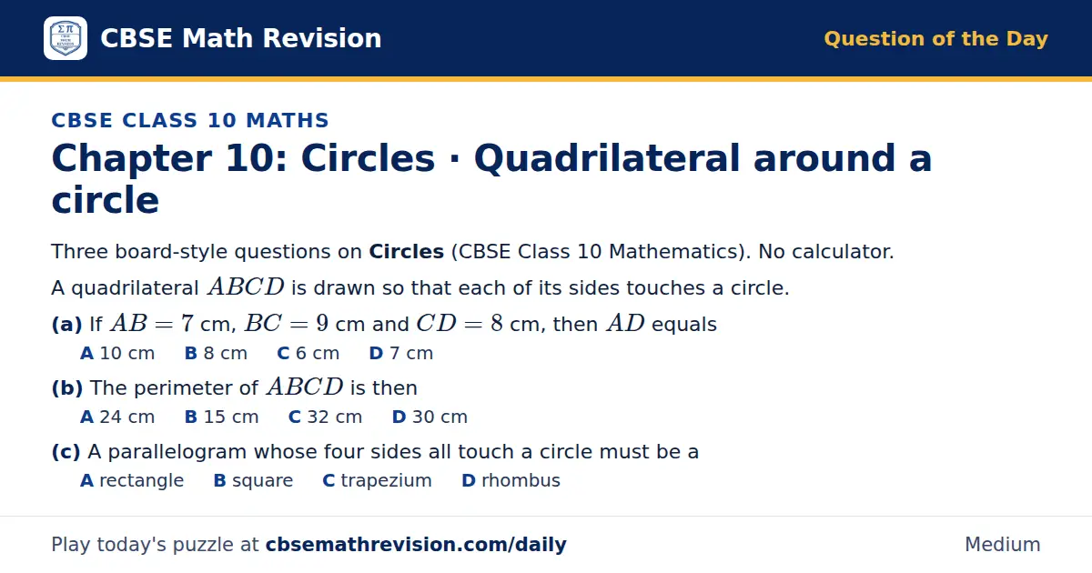 CBSE Class 10 Maths Question of the Day on Circles · Quadrilateral around a circle, a 3-part multiple-choice question: Three board-style questions on Circles (CBSE Class 10 Mathematics). No calculator. A quadrilateral ABCD is drawn so that each of…