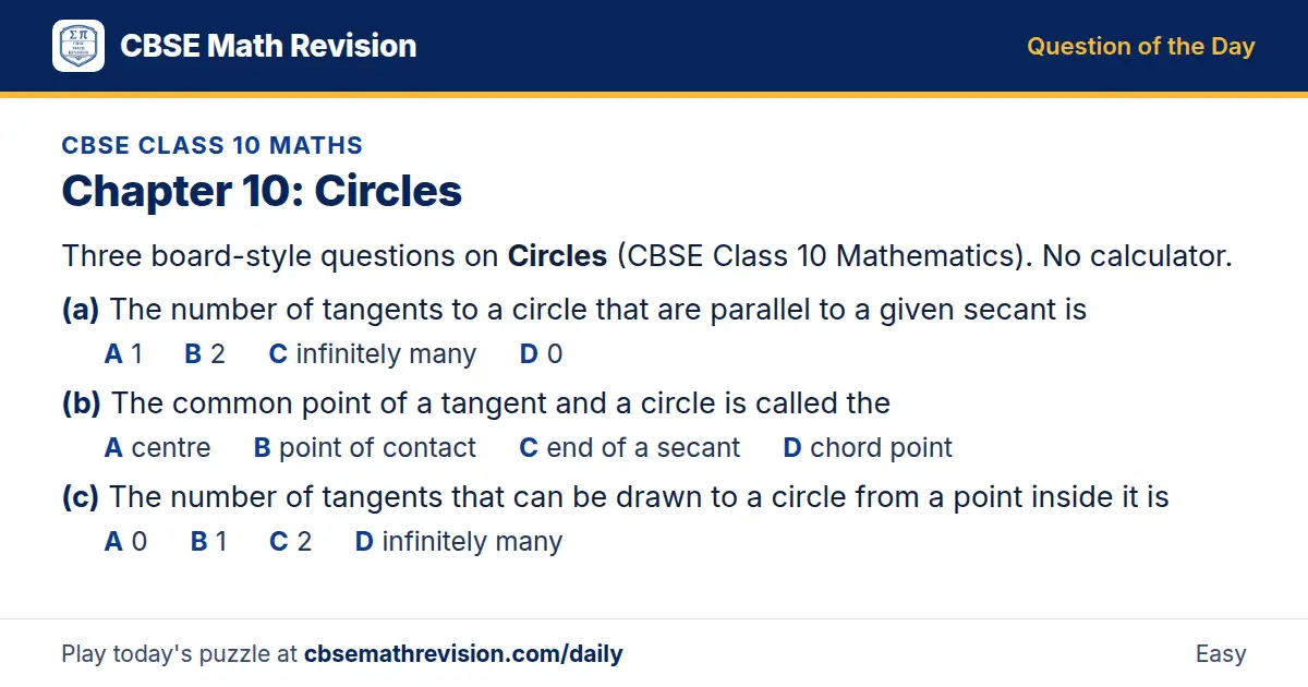 CBSE Class 10 Maths Question of the Day on Circles, a 3-part multiple-choice question: Three board-style questions on Circles (CBSE Class 10 Mathematics). No calculator. (a) The number of tangents to a circle that are parallel to a given secant is…