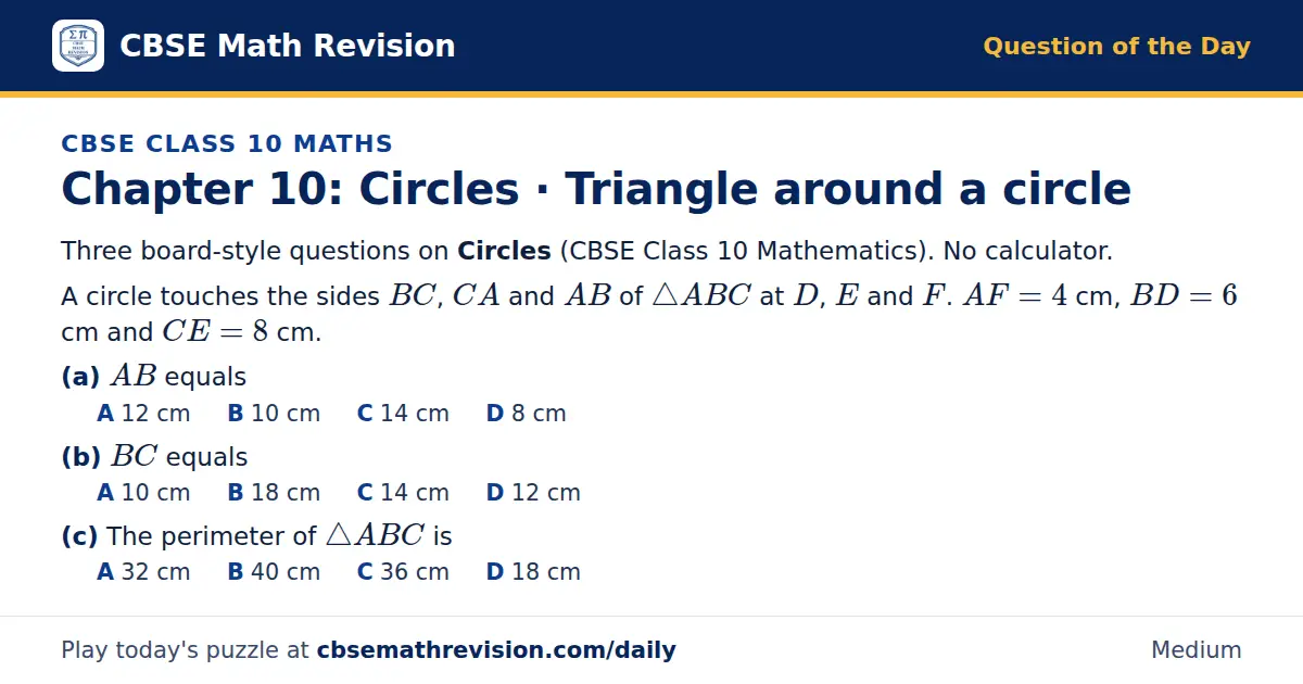 CBSE Class 10 Maths Question of the Day on Circles · Triangle around a circle, a 3-part multiple-choice question: Three board-style questions on Circles (CBSE Class 10 Mathematics). No calculator. A circle touches the sides BC, CA and AB of △ ABC…