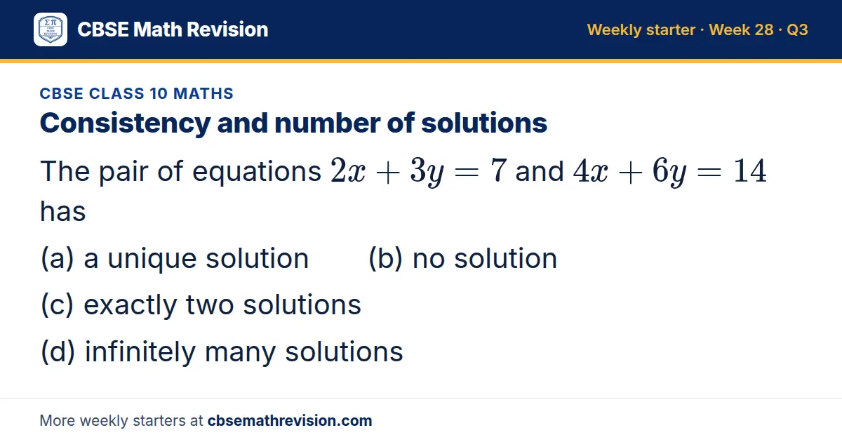 CBSE Class 10 Maths starter question on Consistency and number of solutions: The pair of equations 2x + 3y = 7 and 4x + 6y = 14 has (a) a unique solution (b) no solution (c) exactly two solutions (d) infinitely many solutions