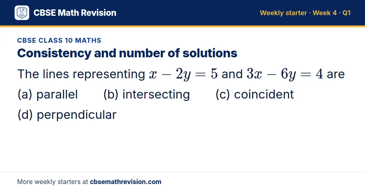 CBSE Class 10 Maths starter question on Consistency and number of solutions: The lines representing x - 2y = 5 and 3x - 6y = 4 are (a) parallel (b) intersecting (c) coincident (d) perpendicular