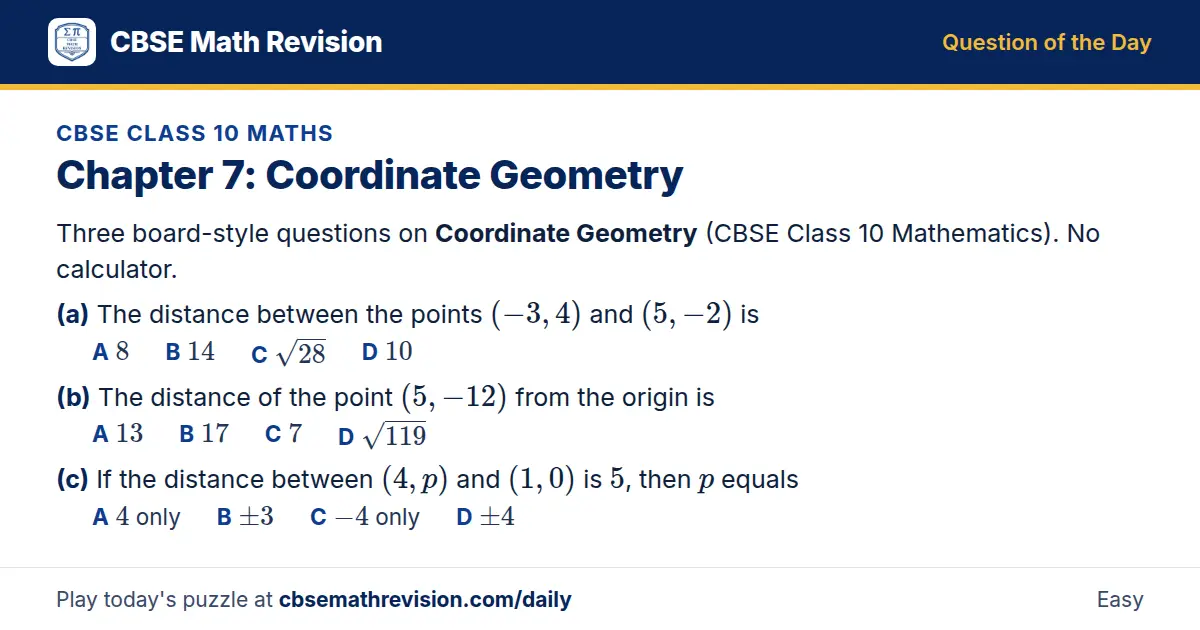CBSE Class 10 Maths Question of the Day on Coordinate Geometry, a 3-part multiple-choice question: Three board-style questions on Coordinate Geometry (CBSE Class 10 Mathematics). No calculator. (a) The distance between the points (-3, 4) and (5…
