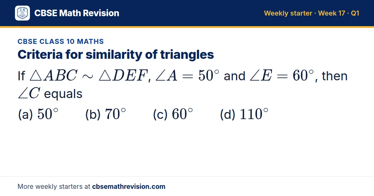 CBSE Class 10 Maths starter question on Criteria for similarity of triangles: If △ ABC △ DEF, ∠ A = 50^∘ and ∠ E = 60^∘, then ∠ C equals (a) 50^∘ (b) 70^∘ (c) 60^∘ (d) 110^∘