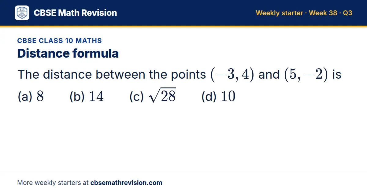 CBSE Class 10 Maths starter question on Distance formula: The distance between the points (-3, 4) and (5, -2) is (a) 8 (b) 14 (c) √28 (d) 10