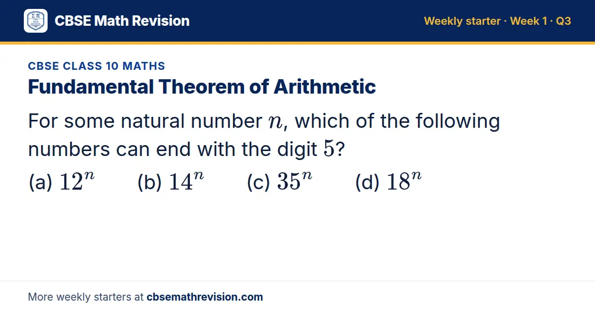 CBSE Class 10 Maths starter question on Fundamental Theorem of Arithmetic: For some natural number n, which of the following numbers can end with the digit 5? (a) 12^n (b) 14^n (c) 35^n (d) 18^n
