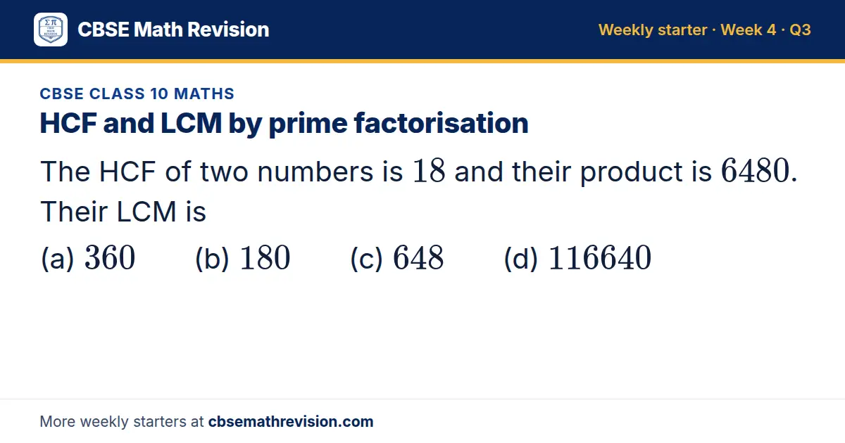 CBSE Class 10 Maths starter question on HCF and LCM by prime factorisation: The HCF of two numbers is 18 and their product is 6480. Their LCM is (a) 360 (b) 180 (c) 648 (d) 116640