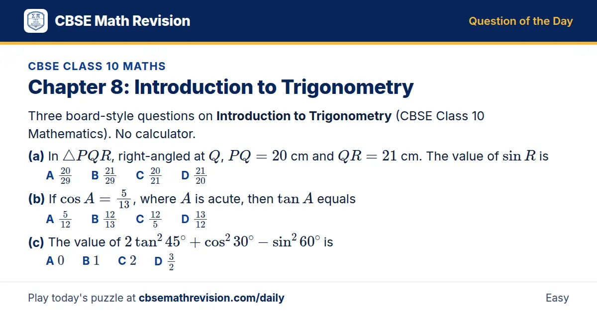 CBSE Class 10 Maths Question of the Day on Introduction to Trigonometry, a 3-part multiple-choice question: Three board-style questions on Introduction to Trigonometry (CBSE Class 10 Mathematics). No calculator. (a) In △ PQR, right-angled at Q, PQ…