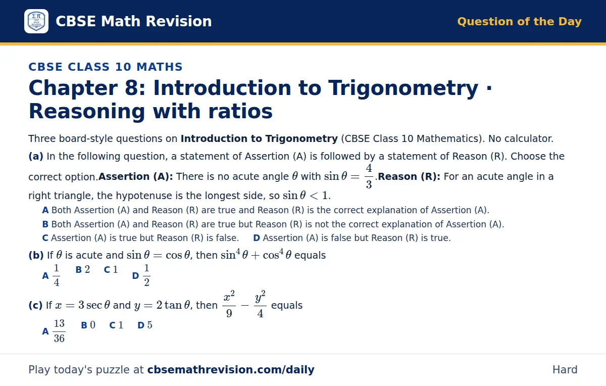 CBSE Class 10 Maths Question of the Day on Introduction to Trigonometry · Reasoning with ratios, a 3-part multiple-choice question: Three board-style questions on Introduction to Trigonometry (CBSE Class 10 Mathematics). No calculator. (a) In the…