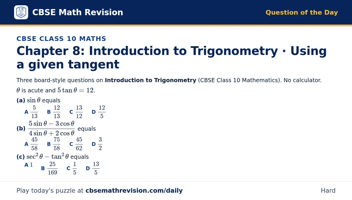 CBSE Class 10 Maths Question of the Day on Introduction to Trigonometry · Using a given tangent, a 3-part multiple-choice question: Three board-style questions on Introduction to Trigonometry (CBSE Class 10 Mathematics). No calculator. θ is acute…