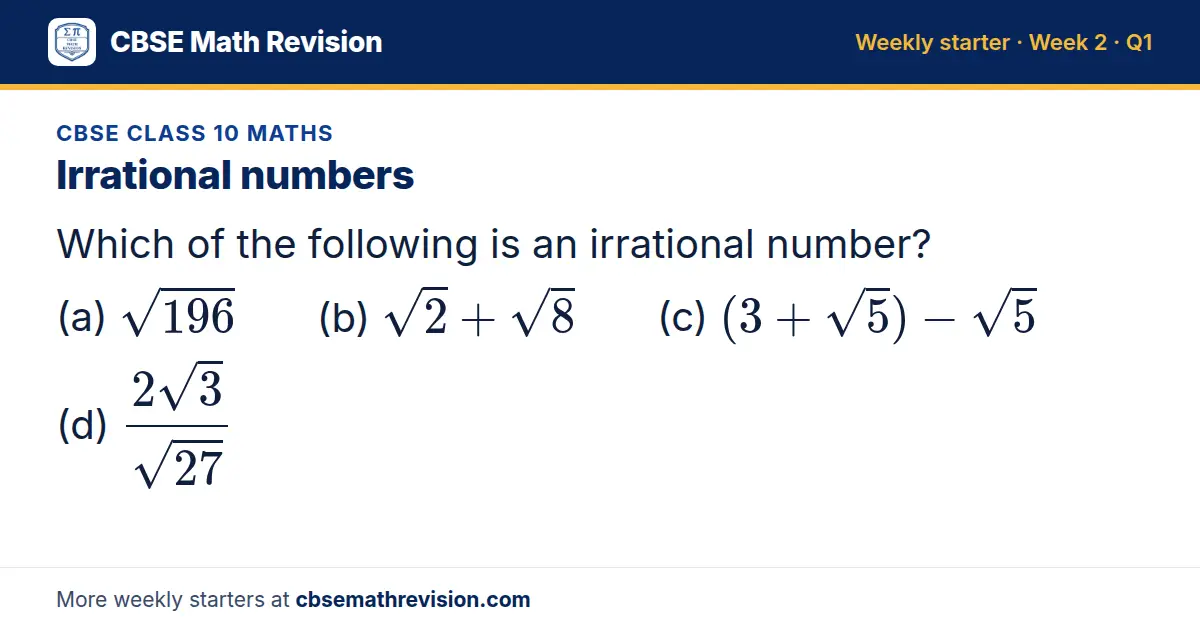 CBSE Class 10 Maths starter question on Irrational numbers: Which of the following is an irrational number? (a) √196 (b) √2 + √8 (c) (3+√5) - √5 (d) (2√3)/(√27)