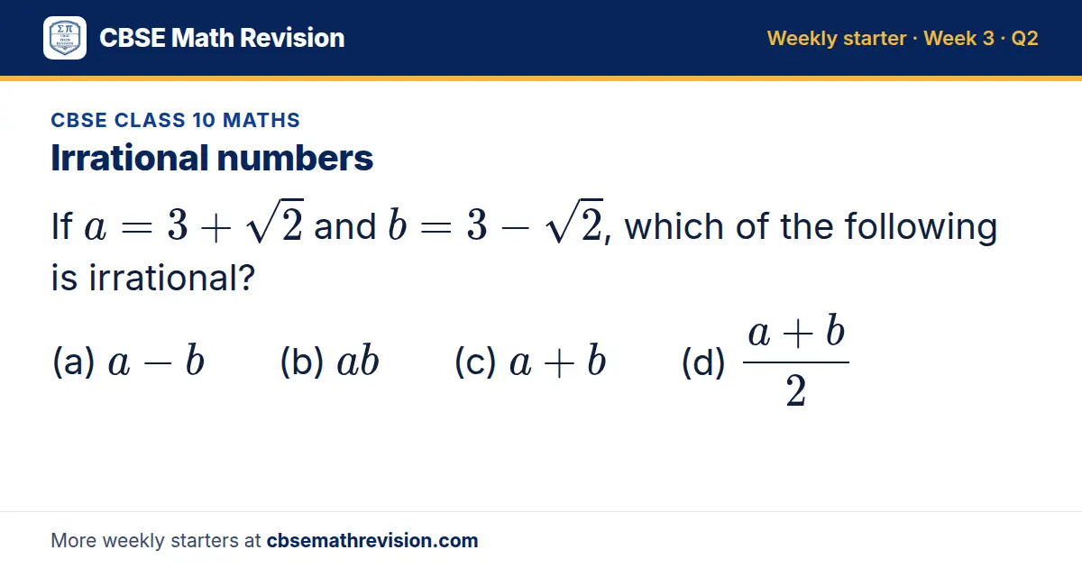 CBSE Class 10 Maths starter question on Irrational numbers: If a = 3 + √2 and b = 3 - √2, which of the following is irrational? (a) a - b (b) ab (c) a + b (d) (a+b)/2