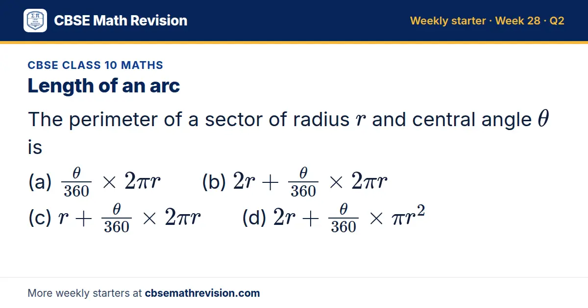 CBSE Class 10 Maths starter question on Length of an arc: The perimeter of a sector of radius r and central angle θ is (a) (θ)/360×2π r (b) 2r+(θ)/360×2π r (c) r+(θ)/360×2π r (d) 2r+(θ)/360×π r²