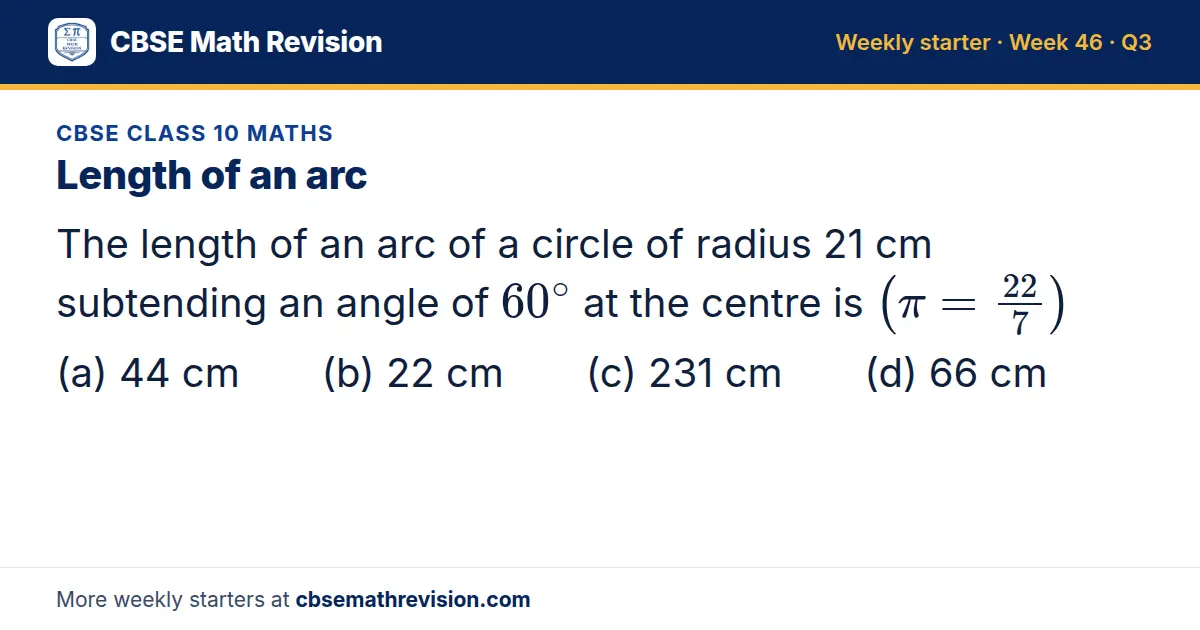 CBSE Class 10 Maths starter question on Length of an arc: The length of an arc of a circle of radius 21 cm subtending an angle of 60^∘ at the centre is (π=22/7) (a) 44 cm (b) 22 cm (c) 231 cm (d) 66 cm