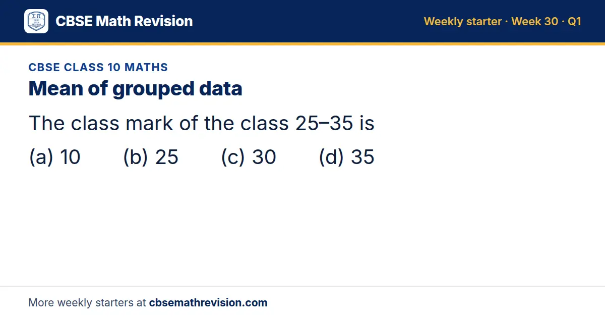 CBSE Class 10 Maths starter question on Mean of grouped data: The class mark of the class 25–35 is (a) 10 (b) 25 (c) 30 (d) 35