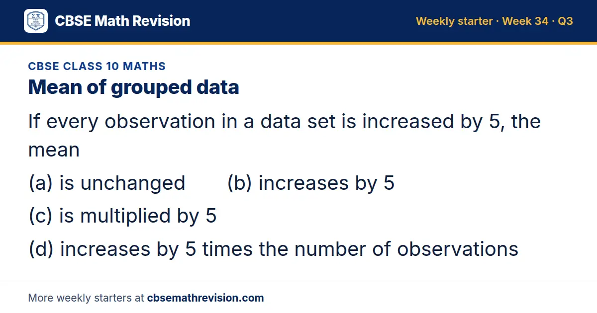 CBSE Class 10 Maths starter question on Mean of grouped data: If every observation in a data set is increased by 5, the mean (a) is unchanged (b) increases by 5 (c) is multiplied by 5 (d) increases by 5 times the number of observations