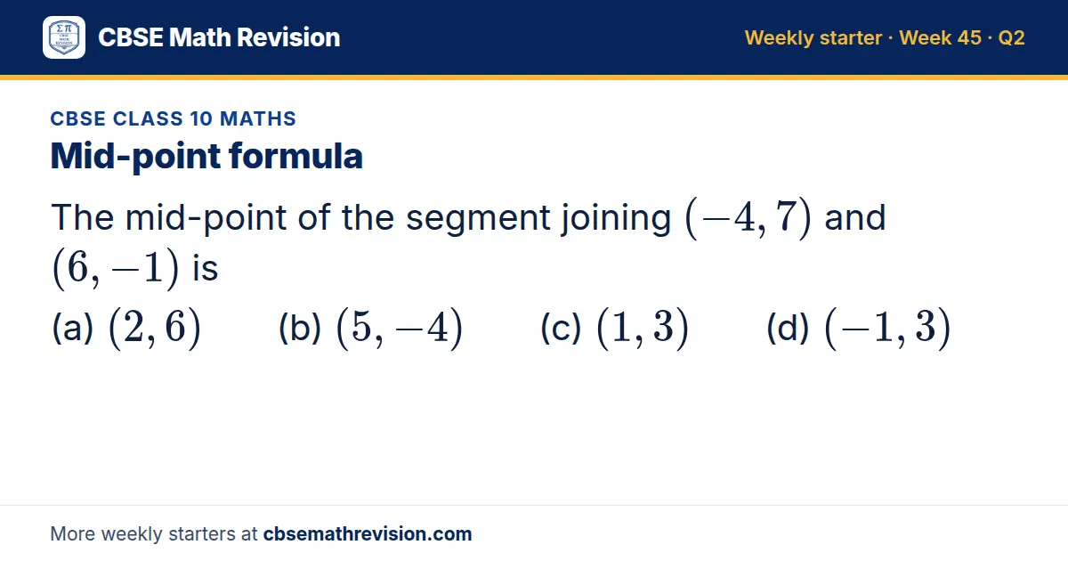 CBSE Class 10 Maths starter question on Mid-point formula: The mid-point of the segment joining (-4, 7) and (6, -1) is (a) (2, 6) (b) (5, -4) (c) (1, 3) (d) (-1, 3)
