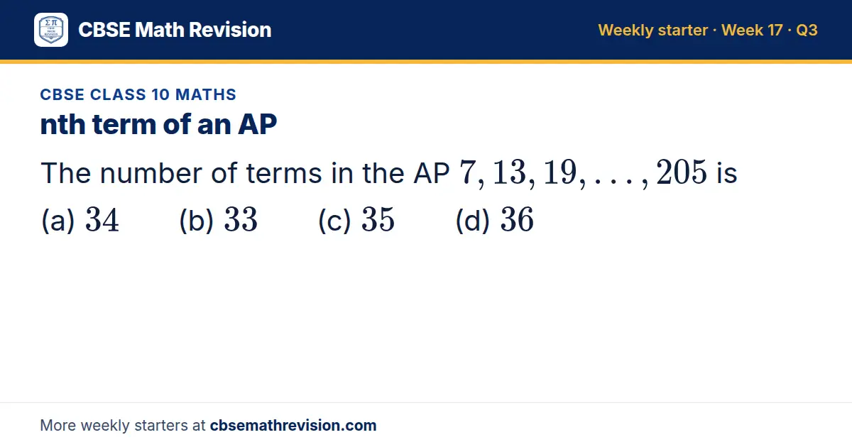 CBSE Class 10 Maths starter question on nth term of an AP: The number of terms in the AP 7, 13, 19, …, 205 is (a) 34 (b) 33 (c) 35 (d) 36