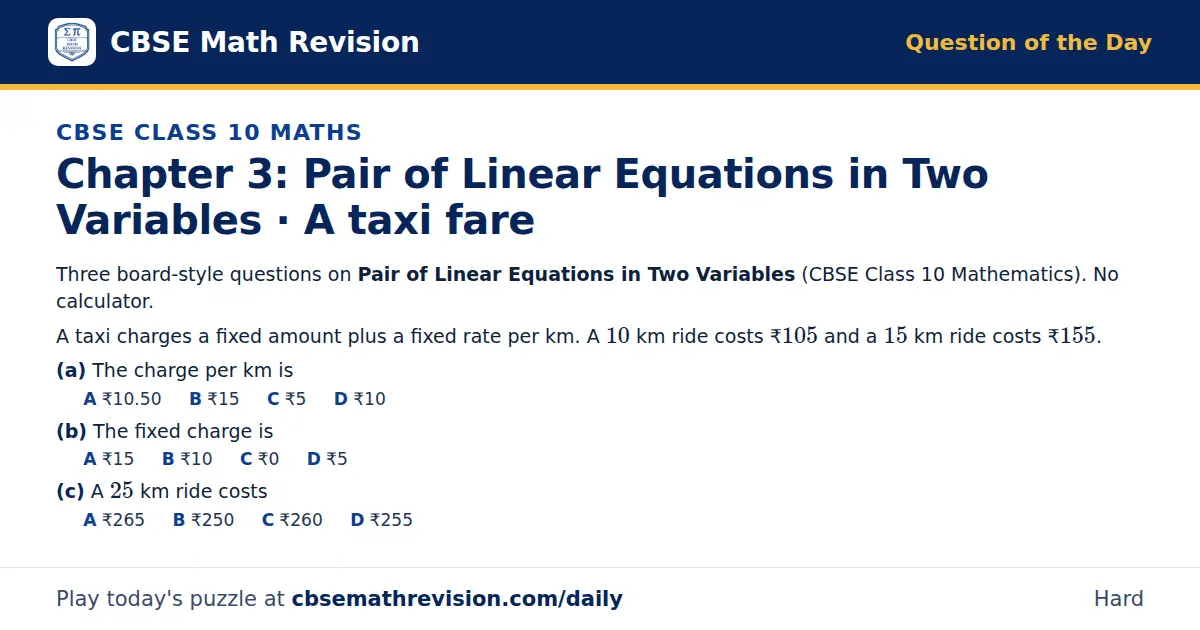 CBSE Class 10 Maths Question of the Day on Pair of Linear Equations in Two Variables · A taxi fare, a 3-part multiple-choice question: Three board-style questions on Pair of Linear Equations in Two Variables (CBSE Class 10 Mathematics). No…