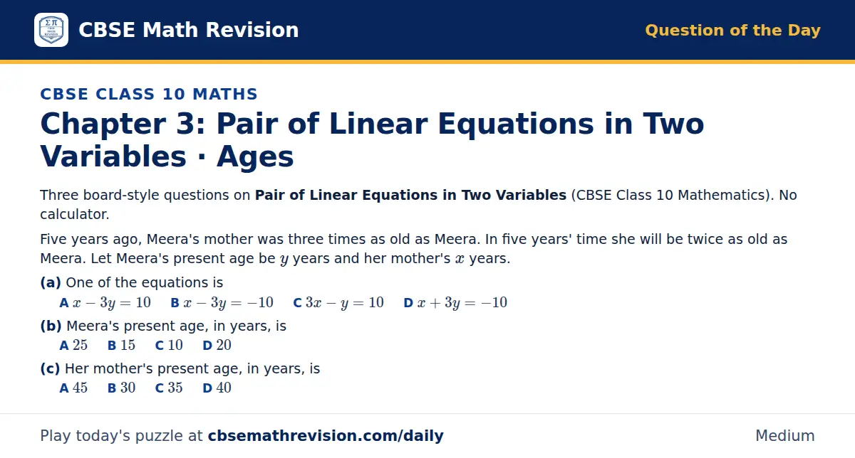 CBSE Class 10 Maths Question of the Day on Pair of Linear Equations in Two Variables · Ages, a 3-part multiple-choice question: Three board-style questions on Pair of Linear Equations in Two Variables (CBSE Class 10 Mathematics). No calculator.…