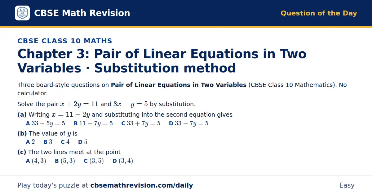 CBSE Class 10 Maths Question of the Day on Pair of Linear Equations in Two Variables · Substitution method, a 3-part multiple-choice question: Three board-style questions on Pair of Linear Equations in Two Variables (CBSE Class 10 Mathematics). No…