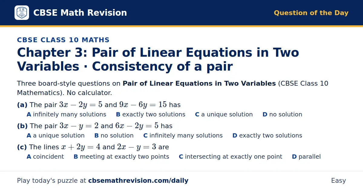 CBSE Class 10 Maths Question of the Day on Pair of Linear Equations in Two Variables · Consistency of a pair, a 3-part multiple-choice question: Three board-style questions on Pair of Linear Equations in Two Variables (CBSE Class 10 Mathematics).…