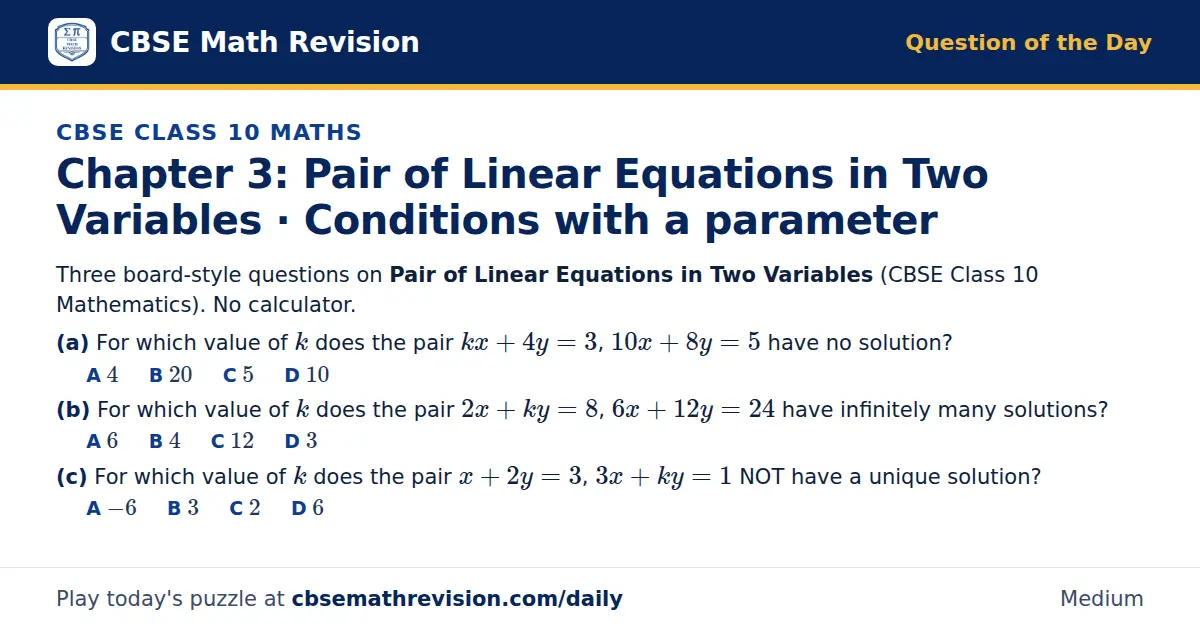 CBSE Class 10 Maths Question of the Day on Pair of Linear Equations in Two Variables · Conditions with a parameter, a 3-part multiple-choice question: Three board-style questions on Pair of Linear Equations in Two Variables (CBSE Class 10…