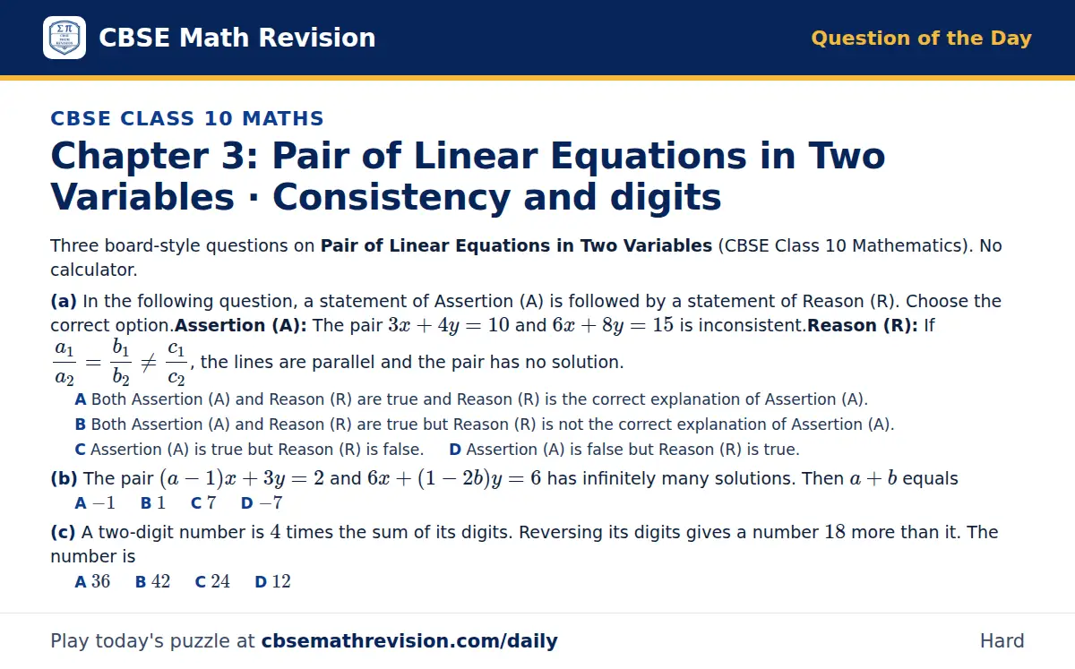 CBSE Class 10 Maths Question of the Day on Pair of Linear Equations in Two Variables · Consistency and digits, a 3-part multiple-choice question: Three board-style questions on Pair of Linear Equations in Two Variables (CBSE Class 10 Mathematics).…