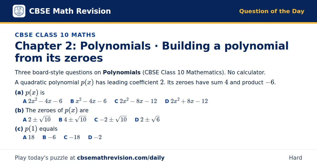 CBSE Class 10 Maths Question of the Day on Polynomials · Building a polynomial from its zeroes, a 3-part multiple-choice question: Three board-style questions on Polynomials (CBSE Class 10 Mathematics). No calculator. A quadratic polynomial p(x)…