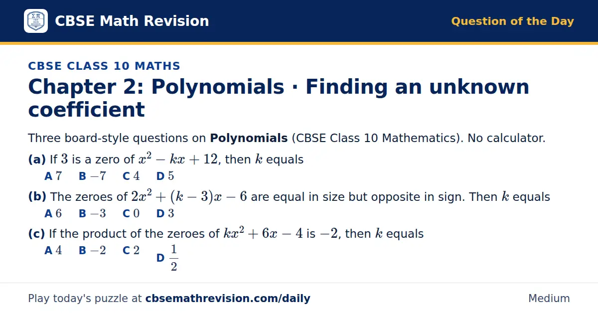 CBSE Class 10 Maths Question of the Day on Polynomials · Finding an unknown coefficient, a 3-part multiple-choice question: Three board-style questions on Polynomials (CBSE Class 10 Mathematics). No calculator. (a) If 3 is a zero of x² - kx + 12…