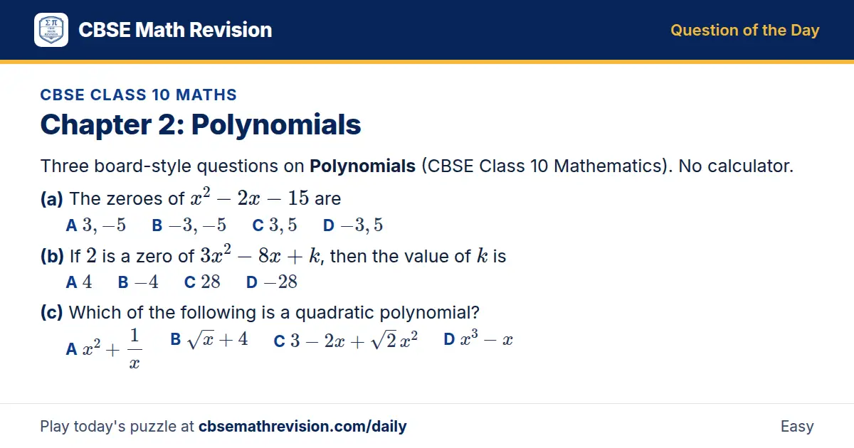 CBSE Class 10 Maths Question of the Day on Polynomials, a 3-part multiple-choice question: Three board-style questions on Polynomials (CBSE Class 10 Mathematics). No calculator. (a) The zeroes of x² - 2x - 15 are (b) If 2 is a zero of 3x² - 8x + k…
