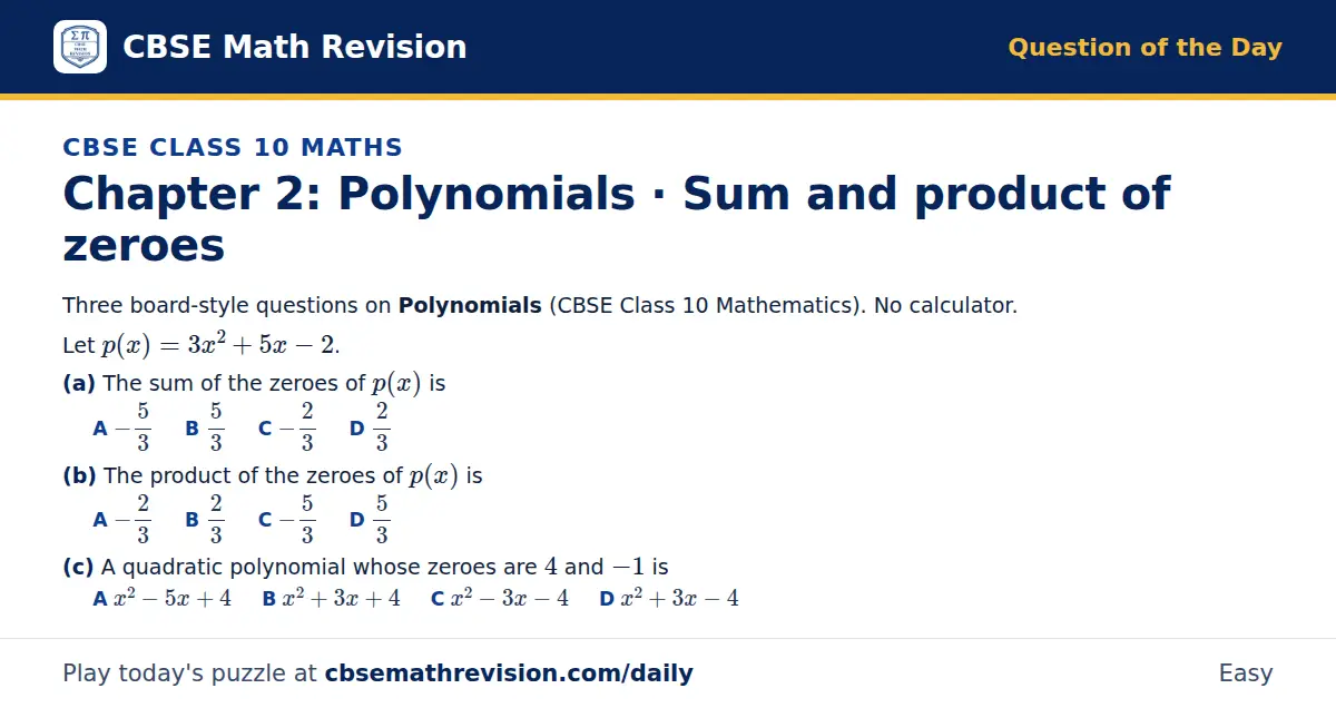 CBSE Class 10 Maths Question of the Day on Polynomials · Sum and product of zeroes, a 3-part multiple-choice question: Three board-style questions on Polynomials (CBSE Class 10 Mathematics). No calculator. Let p(x) = 3x² + 5x - 2. (a) The sum of…
