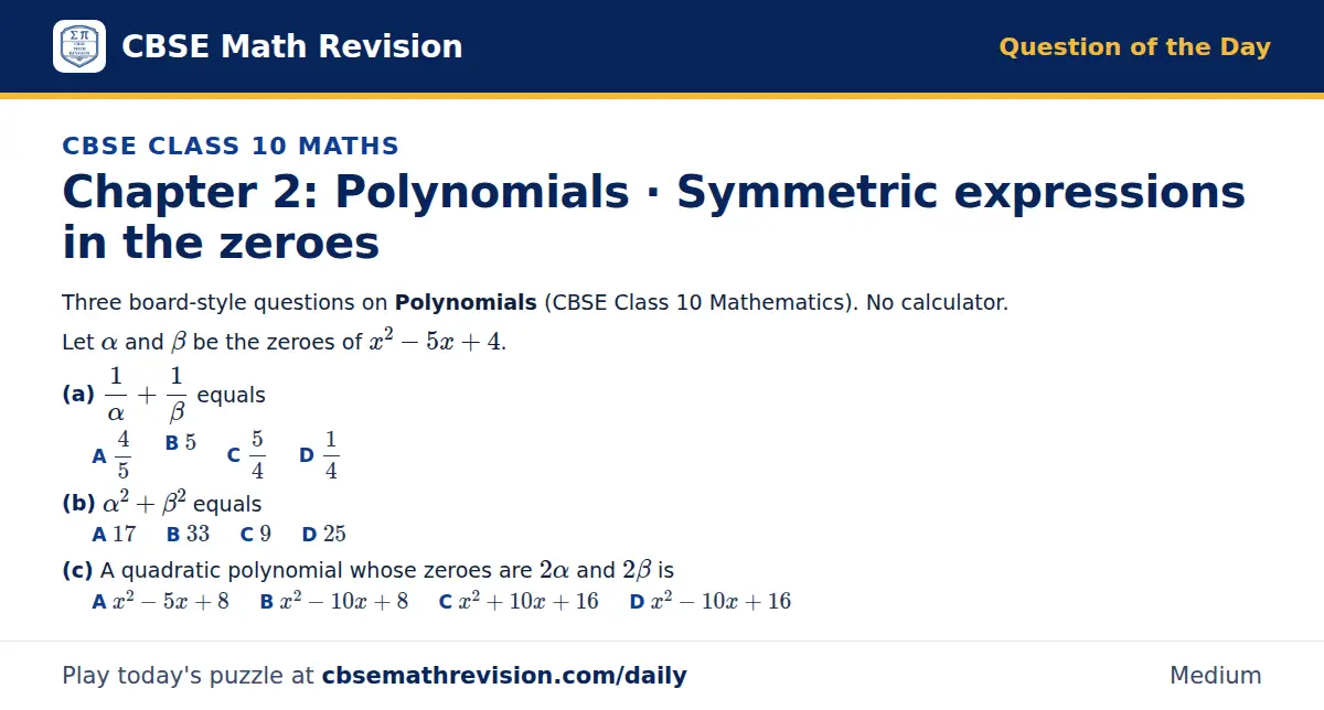 CBSE Class 10 Maths Question of the Day on Polynomials · Symmetric expressions in the zeroes, a 3-part multiple-choice question: Three board-style questions on Polynomials (CBSE Class 10 Mathematics). No calculator. Let α and β be the zeroes of x²…