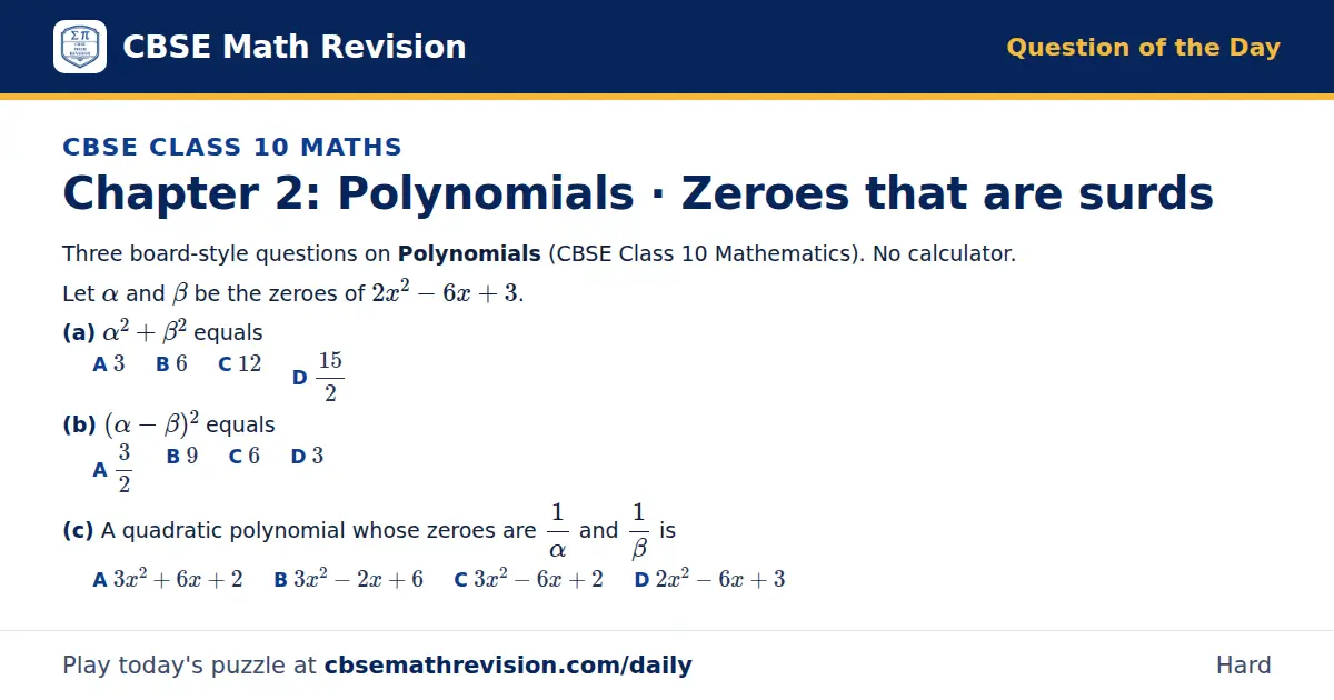 CBSE Class 10 Maths Question of the Day on Polynomials · Zeroes that are surds, a 3-part multiple-choice question: Three board-style questions on Polynomials (CBSE Class 10 Mathematics). No calculator. Let α and β be the zeroes of 2x² - 6x + 3. (a)…