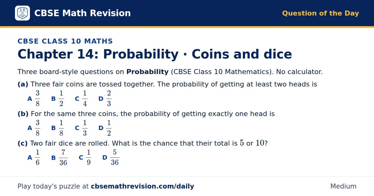 CBSE Class 10 Maths Question of the Day on Probability · Coins and dice, a 3-part multiple-choice question: Three board-style questions on Probability (CBSE Class 10 Mathematics). No calculator. (a) Three fair coins are tossed together. The…