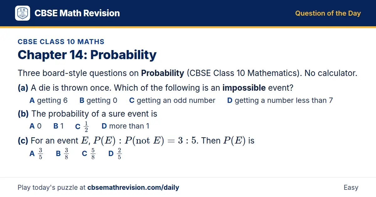 CBSE Class 10 Maths Question of the Day on Probability, a 3-part multiple-choice question: Three board-style questions on Probability (CBSE Class 10 Mathematics). No calculator. (a) A die is thrown once. Which of the following is an impossible…