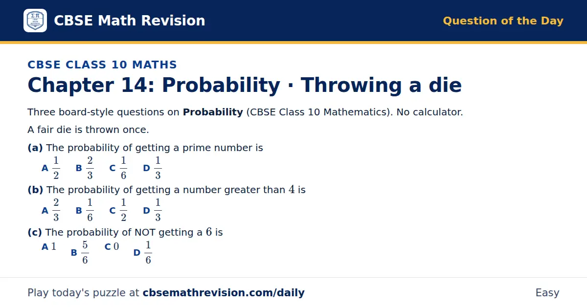 CBSE Class 10 Maths Question of the Day on Probability · Throwing a die, a 3-part multiple-choice question: Three board-style questions on Probability (CBSE Class 10 Mathematics). No calculator. A fair die is thrown once. (a) The probability of…