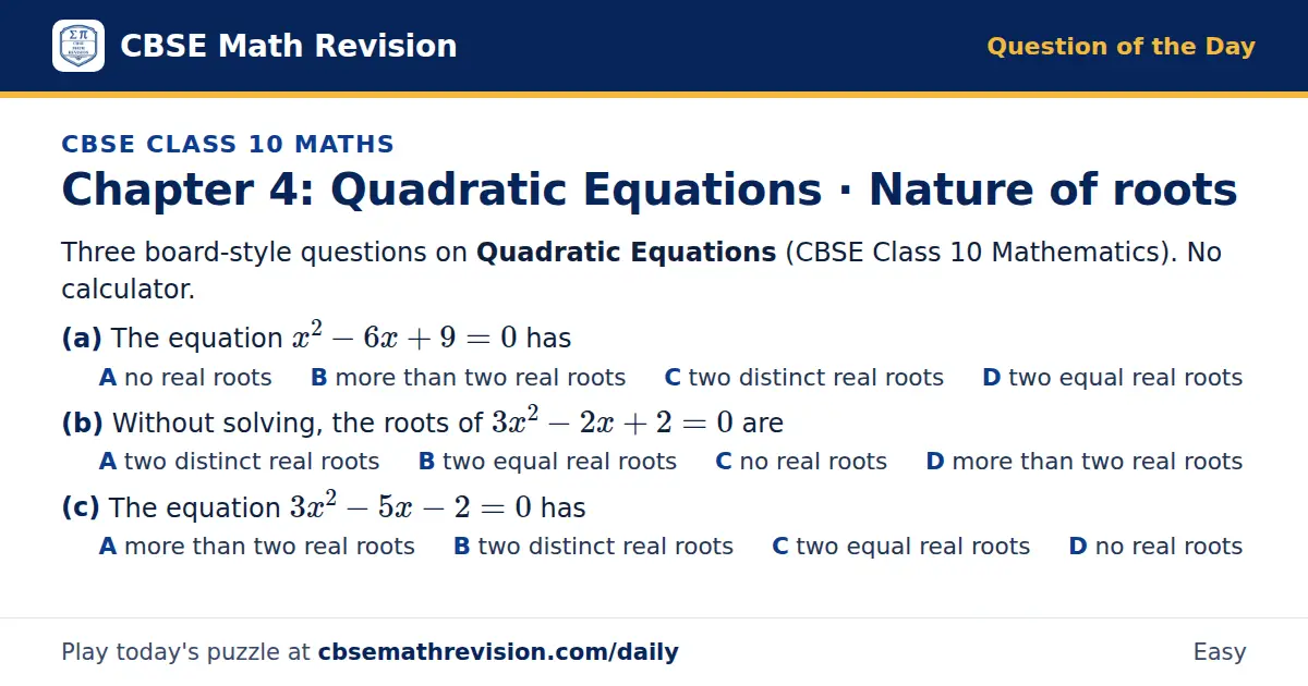 CBSE Class 10 Maths Question of the Day on Quadratic Equations · Nature of roots, a 3-part multiple-choice question: Three board-style questions on Quadratic Equations (CBSE Class 10 Mathematics). No calculator. (a) The equation x² - 6x + 9 = 0 has…